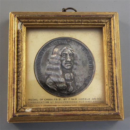 A commemorative silver medal for the embarkation Charles II at Scheveningen by Pieter van Abeele 1600, frame width 5in. height 5in.